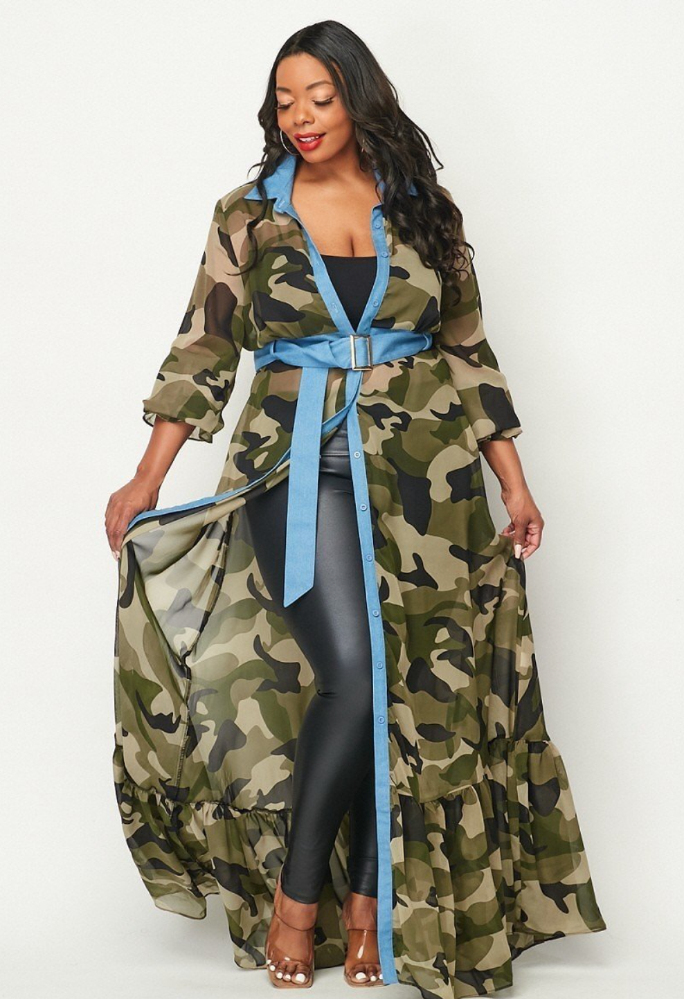 I Am Worthy Plus Size Camo Print Long Sleeve Sexy Maxi Dress