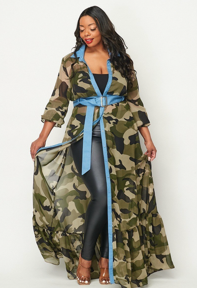 I Am Worthy Plus Size Camo Print Long Sleeve Sexy Maxi Dress