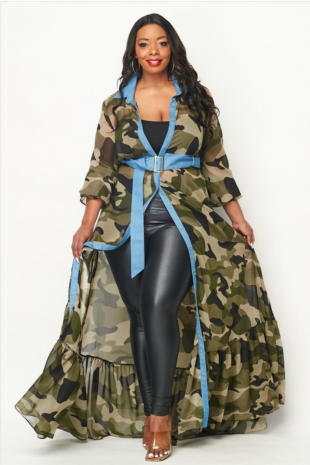 I Am Worthy Plus Size Camo Print Long Sleeve Sexy Maxi Dress